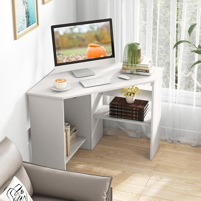 GOFLAME Corner Desk with Storage Shelves, Triangular Computer Desk with Cable Management Holes, Laptop Workstation for Small Space, Makeup Vanity Desk for Living Room, Study, White - Image 2