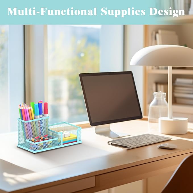 SUPEASY Mesh Pen Holder Desk Organizer, Office Supplies Pencil Storage with 3 Compartments, Office Desk Accessories and Workspace Organizers for Home School, Blue - Image 3