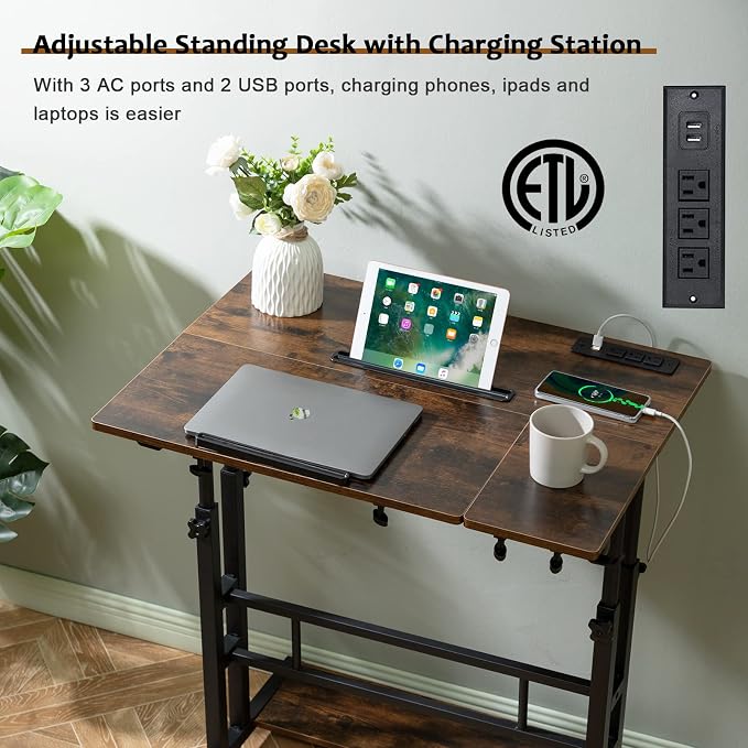 Hadulcet Mobile Standing Desk Adjustable Height, Rolling Desk Stand Up Desk, Mobile Laptop Desk, Rolling Computer Desk with Charging Station, Portable Desk with Wheels, Rustic Brown - Image 5