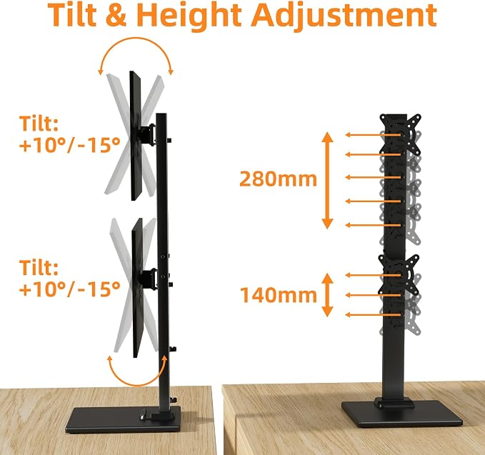 Suptek Dual Monitor Stand with Base- Vertical Stack Screen Free-Standing Monitor Riser Fits Two 13 to 36Inch Screen with Swivel, Tilt, Height Adjustable,50,75 and 100mm Vesa Base Stand - Image 3