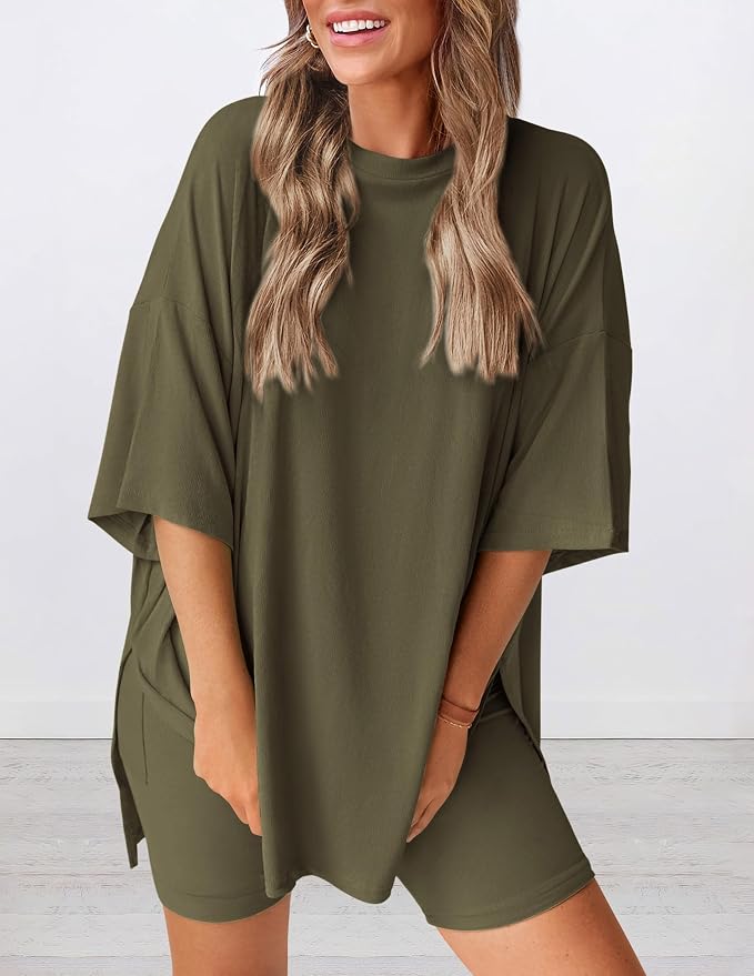 PRETTYGARDEN Women 2 Piece Lounge Set 2026 Summer Casual Oversized Shirts Biker Shorts Matching Airport Travel Outfit Clothes - Image 3