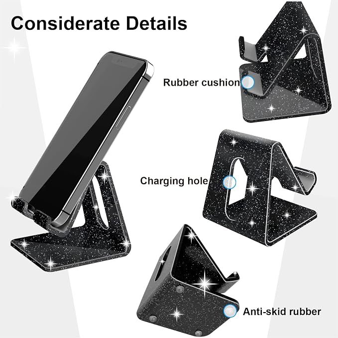 Crpich Acrylic Cell Phone Stand, Portable Phone Holder, Phone Stand for Desk, Compatible with Phone16 15 14 13 12 Pro Max Mini 11 Xr 8 Plus SE, Switch, Android Smartphone, Pad, Tablet, Glitter Black - Image 3