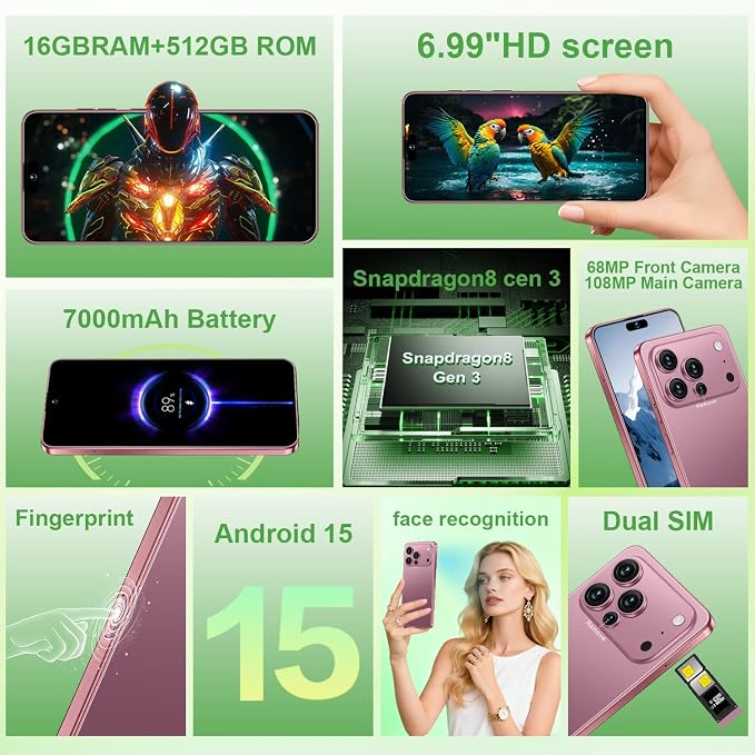 17 PMAX Unlocked Cell Phone,16GB+512GB Smartphone,6.99" HD Screen Android 15 5G Phones,Battery 7000mAh Android The Phone,Fingerprint Button Unlock/GPS/Face ID/Dual SIM/5G (Rose Glod) - Image 2