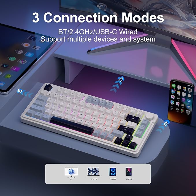 MageGee Wireless Gaming Keyboard 81 Keys RGB Backlit Tri-Mode Bluetooth 2.4G USB-C Rechargeable Mechanical Feel Keyboard 4000mAh Battery Knob Control 26-Key Anti-Ghosting for PC Mac Windows – GK950 - Image 3