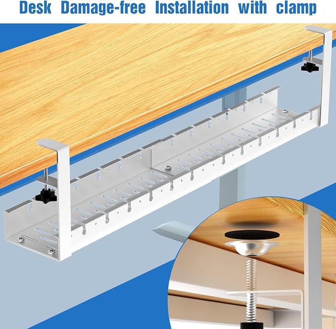 No Drilling Extendable Under Desk Cable Management, Metal Cable Management Tray Under Desk with Clamp, Retractable Power Strip Cord Holder for Wire Management 31Inch (1 Pack White) - Image 3
