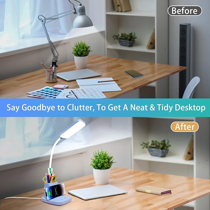 LED Desk Lamp with 10W Wireless Charging & Pen Holder, Blue | CRI 95, 800LM, Stepless Dimming, 3 Modes, 360°Flexible Arm, Touch, Study Table Lamp for Home Office, Dorm Room, with Adapter - Image 5