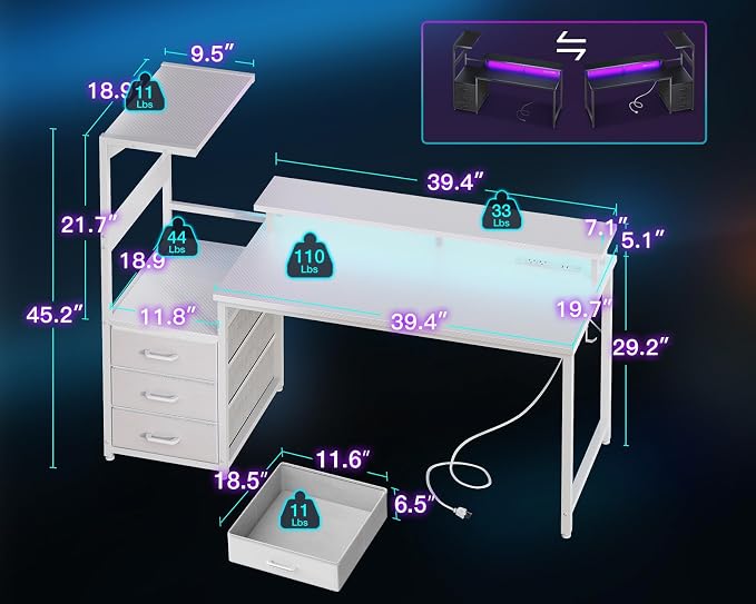 AODK 52 Inch Gaming Desk with USB Charging Ports & LED Light- Reversible Computer Desk with Storage Shelves & Monitor Stand, Modern Gamer Desk Table with Fabric Drawers, White - Image 3