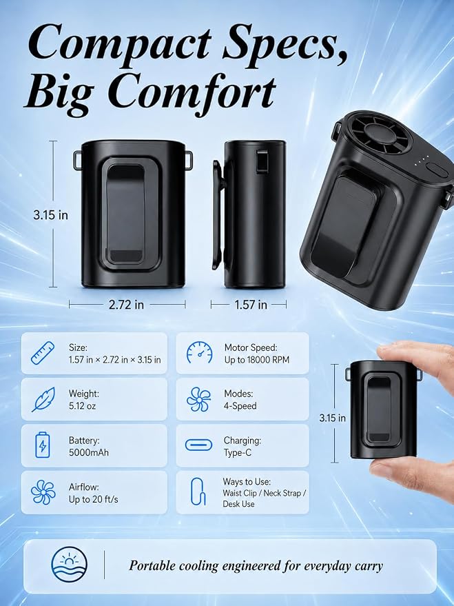 Waist Fan Portable Ultra Lightweight Design | Belt Clip on Fan for Shirt, Up to 36H Runtime, High Speed 18000RPM Strong Airflow, Neck Body Fan Camping Essentials - Image 8
