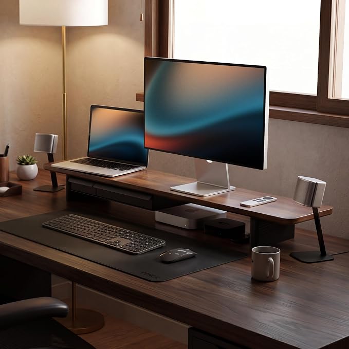 Fenge 42.5" Monitor Stand with Storage Drawers, Minimalist Monitor Riser with Solid Ash Legs and Cable Management, Wooden Desk Shelf for Home Office Workspaces, Brown - Image 2