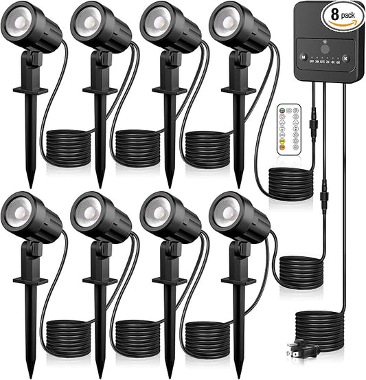 Outdoor Landscape Lighting 2700-6500K Dimmable Spotlights 8 Pack | 3 brightness levels,2 dynamic mode,IP66 waterproof, remote timer & memory,plug and play. Ideal for yards, gardens & pathways by SOROP