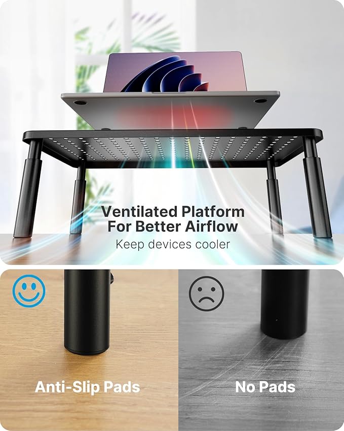 HUANUO Monitor Stand, Monitor Stand Riser 3 Height Adjustable, Monitor Riser with Airflow Vents, Laptop Stand for Desk, Laptop Riser, Desk Organizer for Monitor, Laptop, PC, Printer - Image 6