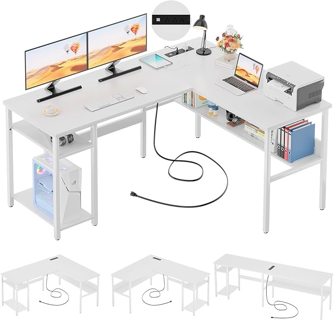 Unikito Reversible L Shaped Computer Desk with Magic Power Outlets and USB Charging Ports, Sturdy Corner Desk with Storage Shelves, Durable Work Desk for Home Office, Easy to Assemble, White by Unikito