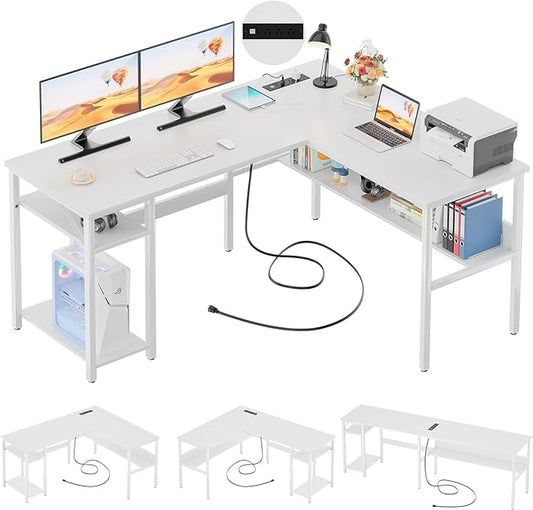 Unikito Reversible L Shaped Computer Desk with Magic Power Outlets and USB Charging Ports, Sturdy Corner Desk with Storage Shelves, Durable Work Desk for Home Office, Easy to Assemble, White by Unikito