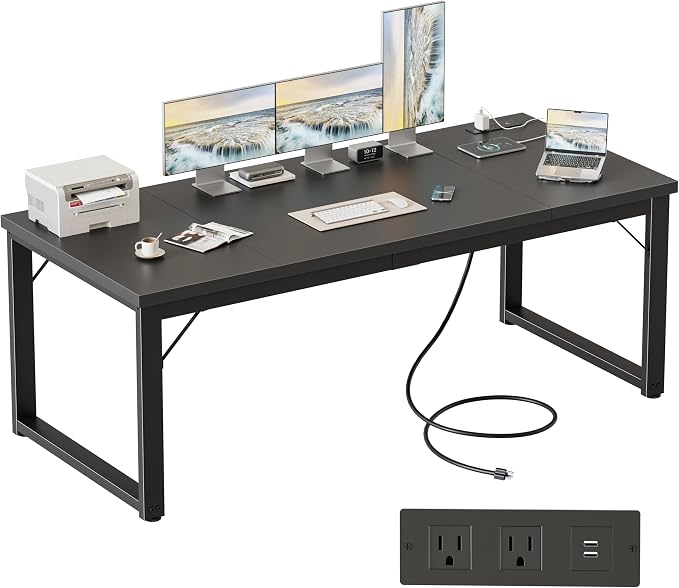 Mericonia 63x28 Inch Computer Desk w/Power Outlets, 1.2" Thick Office Table | Modern Simple Style, Heavy Duty Industrial Frame, Large Study & Writing Table for Home Bedroom Work, Black by MERICONIA
