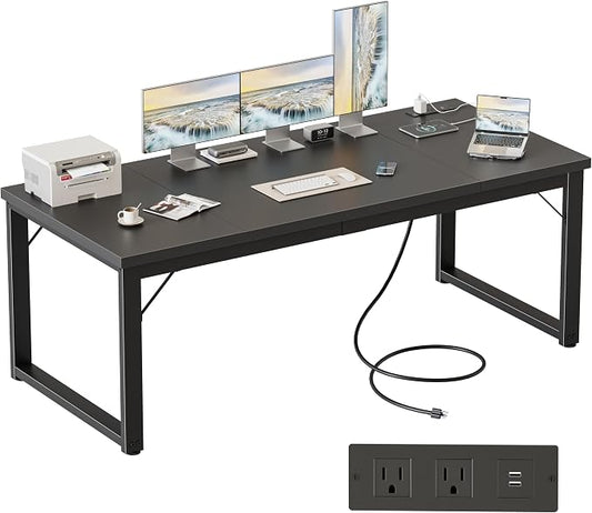 Mericonia 63x28 Inch Computer Desk w/Power Outlets, 1.2" Thick Office Table | Modern Simple Style, Heavy Duty Industrial Frame, Large Study & Writing Table for Home Bedroom Work, Black by MERICONIA