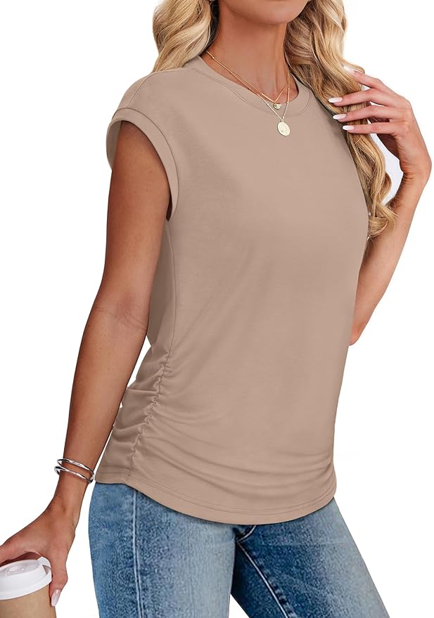 Sampeel Womens Summer Tops Trendy 2026 Ruched Cap Short Sleeve Tshirts Shirts Crew Neck T Shirts Fashion - Image 4