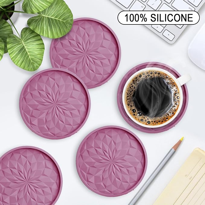 ME.FAN Silicone Coasters with Holder,[6 Pack] Drinking Coasters - Cup Mat for Hot or Cold Drinks, Thickened, Non-Slip, Non-stick,Deep Tray Dusty Rose - Image 2