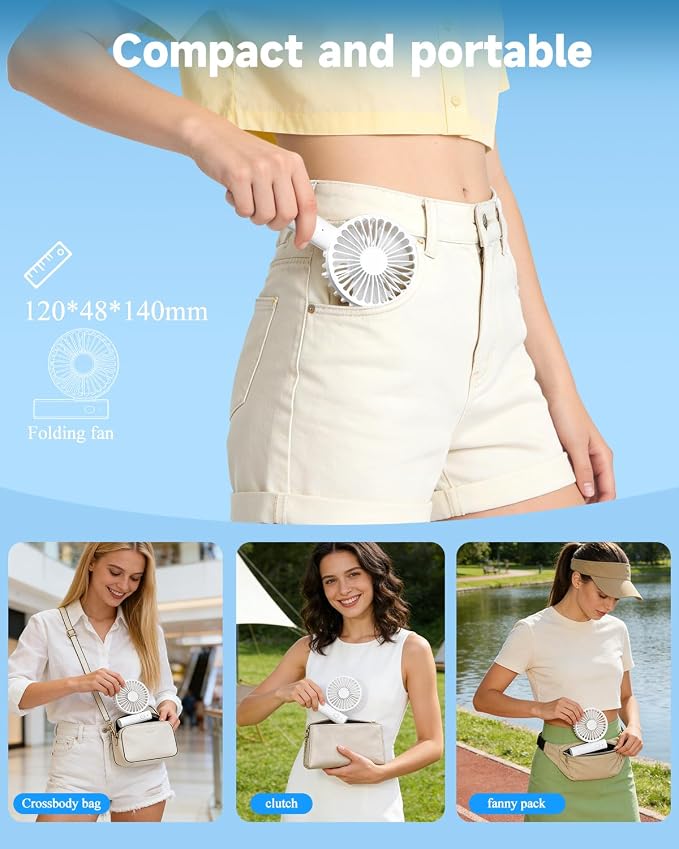 Small Handheld Portable Fan, 3 Gear Speeds, 2-in-1 180° Foldable Mini Table Fan, Personal USB Fan, Portable Travel Fan, Hand Fans Rechargeable for Travel Lash Makeup Desk Girl Women Summer Gift White - Image 3