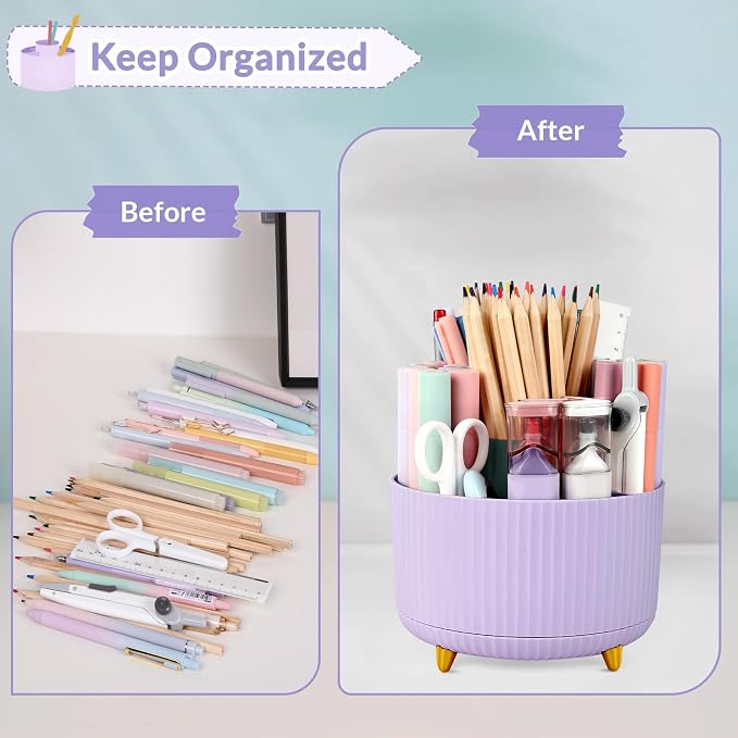SKYDUE 2 Pack Pen Holder, 360 Degree Rotating Pencil Holder for Desk Organizer, Rotating Desktop Pen Organizer with 5 Slots, Office Supplies, Pencil Cup for Office, School, Home - Image 5