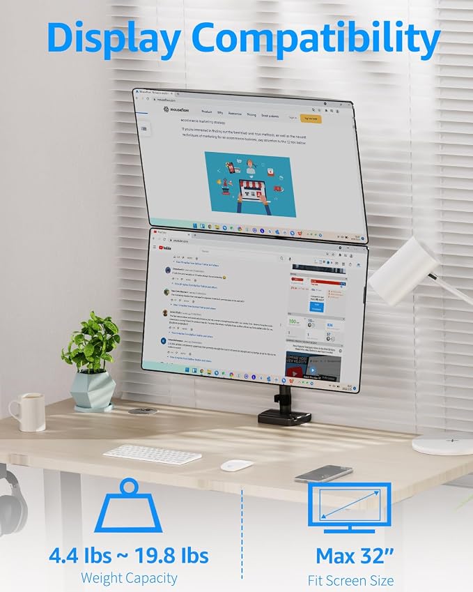 MOUNTUP Vertical Dual Monitor Mount Holds 4.4-17.6lbs, up to 32 Inch Stacked Monitor Mount with Gas Spring Arm with Clamp/Grommet Base, Dual Monitor Stand for Desk, For Home Office, VESA 75x75/100x100 - Image 2