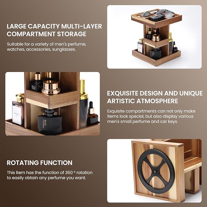 EXIN DECHEN Cologne Organizer for Men,Birthday Gifts for Men,Acacia Wood | Easy Installation,360° Rotating,Boyfriend Husband Dad Gift Ideas,Mens Accessories for Desk,Bathroom Countertop,Vanity,Dresser - Image 3