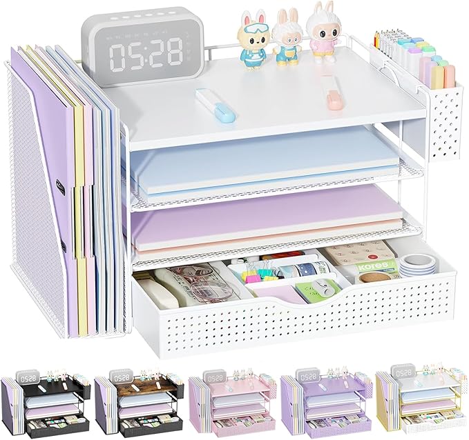 gianotter Wood Desk Organizers and Accessories with File Holder, 4-Tier Desk Accessories & Workspace Organizers with Drawer and Pen Holder, Desk Reference Organizer (White, 4T with Drawer) by gianotter