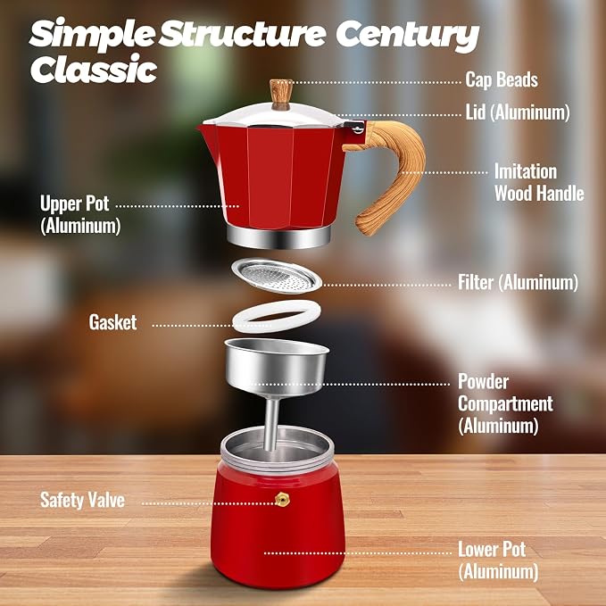 9 Cup Aluminum Moka Pot Classic Stovetop Espresso Coffee Maker 450ml 15oz Coffeemaker Percolator Mocha Pot Greca Coffee Maker Cafe Makers for Italian and Cuban Café Brewing Red - Image 3
