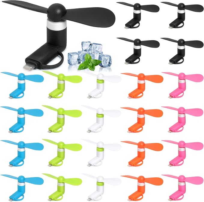 24 Pack Phone Fan Bulk, 2-in-1 Portable Mini Cell Phone Fan Compatible for iPhone, iPad, Android Smartphone, Tablet - Colorful and Powerful Cell Phone Summer Accessories by Aeergured