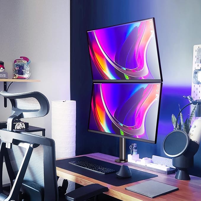 MOUNTUP Dual Monitor Stand, Vertical Monitor Mount for 2 Max 32 inch Stack Screen Monitors, Height Adjustable, Swivel, Tilt Monitor Desk Mount with C Clamp Grommet Base, Home Office - Image 7