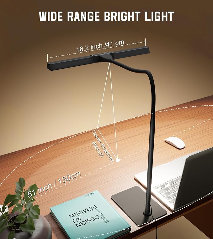 LED Desk Lamp for Home Office with Base, Eye-Caring Desk Light 12W | Tall Lamp for Computer Monitor Task Reading, Adjustable Gooseneck, 5 Dimmable Brightness & Color, USB Touch Control, Timer - Image 2