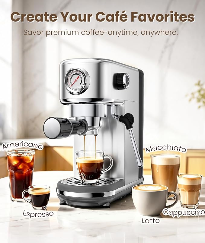 atatix Espresso Machine with Milk Frother, 20 Bar Pressure Espresso Maker | with 44OZ Removable Tank, Compact Stainless Steel Coffee Machine for Home, Office, Latte, Cappuccino, Macchiato, Silver - Image 2