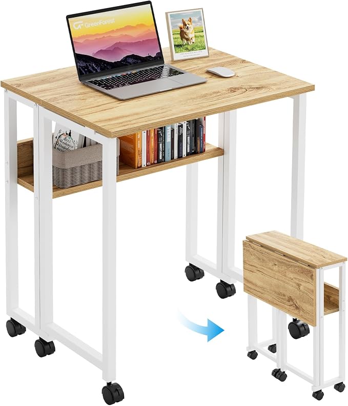 GreenForest Folding Desk with Wheels, 24.8" Rolling Table for Small Spaces | Storage Shelf, Lockable Casters, Compact Portable Workstation, Space-Saving Foldable Sofa Table, Home Office, Mobile, Oak by GreenForest