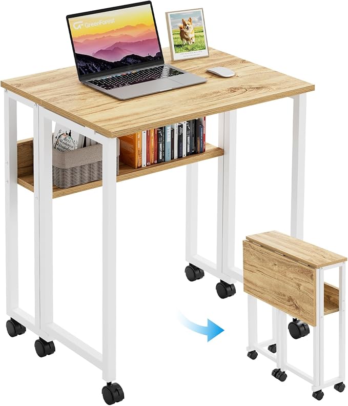 GreenForest Folding Desk with Wheels, 31.5" Rolling Table for Small Spaces | Storage Shelf, Lockable Casters, Compact Portable Workstation, Space-Saving Foldable Sofa Table, Home Office, Mobile, Oak by GreenForest