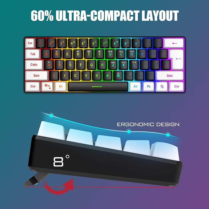 RedThunder 60% Gaming Keyboard and Mouse Combo, Ultra-Compact 61-Key RGB Backlit Mini Keyboard, Lightweight 7200 DPI Honeycomb Optical Mouse, RGB Wired Gaming Set for PC PS5 Xbox Gamer(Black-White) - Image 3