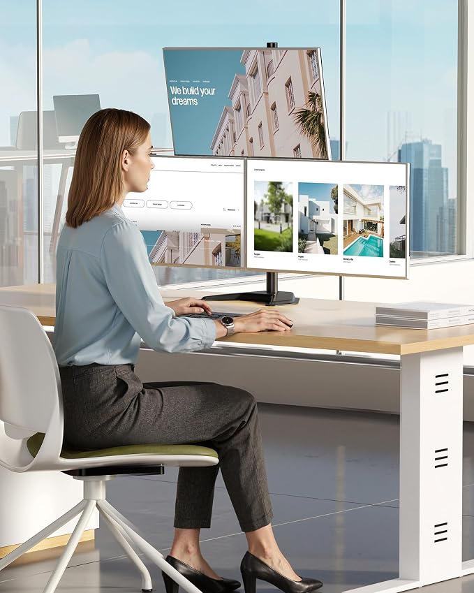 monTEK Freestanding Triple Monitor Stand for 17-32" Screens, 22 lbs Each | Solid V-shaped base, three-screen full-motion arms, height adjustment, tilt, swivel, rotation and VESA 75/100 - Image 7