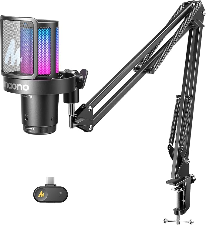 MAONO DGM20W Wireless Gaming Microphone for PC & Smartphones | USB-C Receiver, Clear Voice, Noise Reduction, Software Control, Custom RGB, Mute, Boom Mic Set for Discord Streaming & Gaming by MAONO