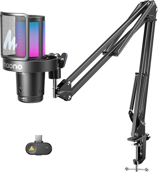 MAONO DGM20W Wireless Gaming Microphone for PC & Smartphones | USB-C Receiver, Clear Voice, Noise Reduction, Software Control, Custom RGB, Mute, Boom Mic Set for Discord Streaming & Gaming by MAONO
