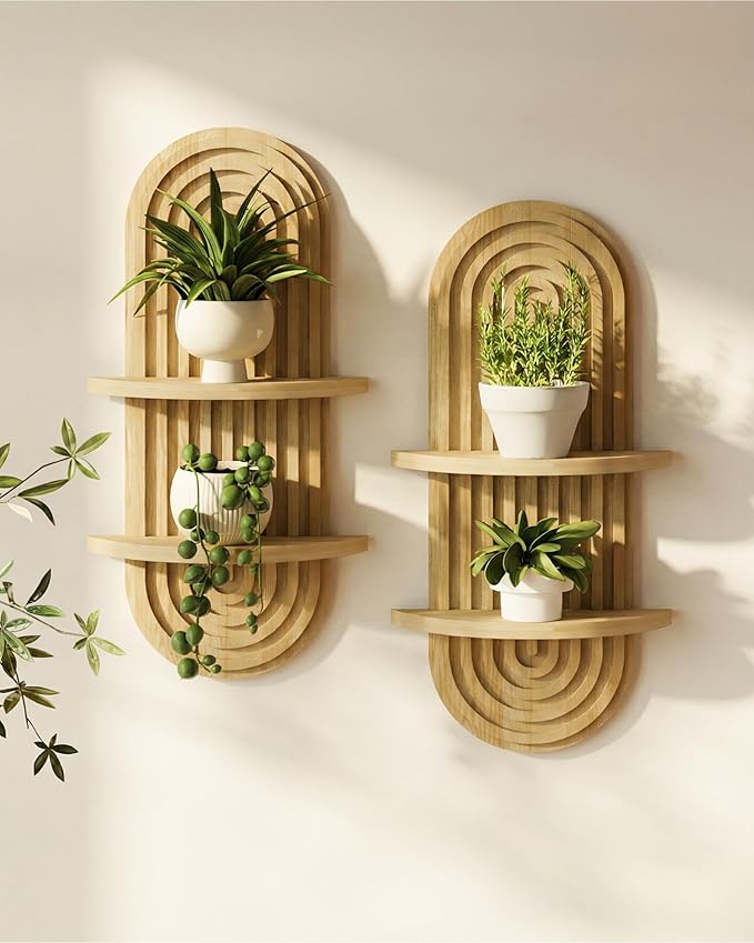 Bamworld Boho Wall Decor 2pcs Plant Wall Shelf, Mid Century Modern Decor Hanging Plant Shelf, 2-Tier Wooden Floating Shelves for Home, Bathroom Bedroom Living Room Holding Planter Decoration Natural by Bamworld