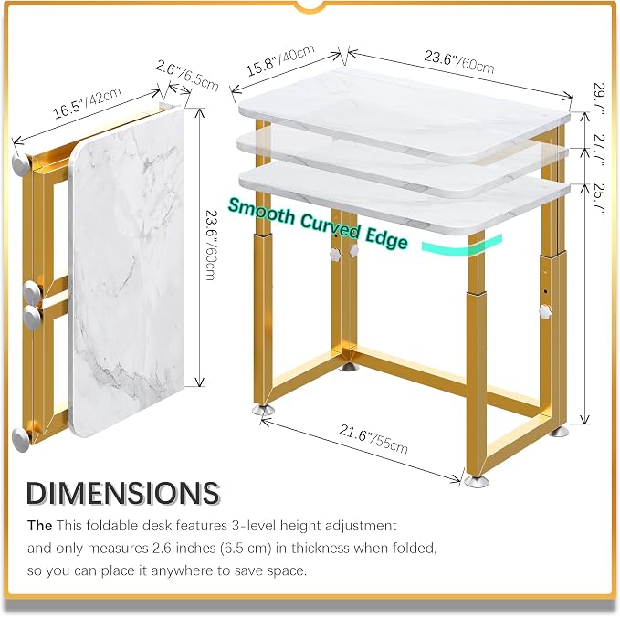 4NM No Tool Assembly 23.6" Small Desk, Folding Portable Desk with Wheels, Adjustable Height Foldable Computer Home Office Desks, Collapsible Study Writing Table for Space Saving Bedroom - White Gold - Image 2