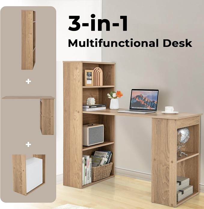 Giantex 48 Inch Computer Desk with Bookshelf, 3-in-1 Home Office Desk with 4-Tier Bookcase & CPU Stand, Space-Saving Reversible Writing Desk Work Table for Bedroom, Study Room, Office (Natural) - Image 4