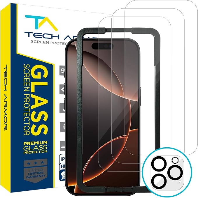 Tech Armor for Apple iPhone 16 Pro Screen Protector Glass 6.3 inch - Ballistic Tempered, Case Friendly, Easy Install, Sensor Protection, HD, 9H Hardness, 3 Pack + Bonus Camera Lens Protector by TechArmor