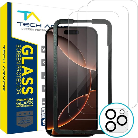 Tech Armor for Apple iPhone 16 Pro Screen Protector Glass 6.3 inch - Ballistic Tempered, Case Friendly, Easy Install, Sensor Protection, HD, 9H Hardness, 3 Pack + Bonus Camera Lens Protector by TechArmor