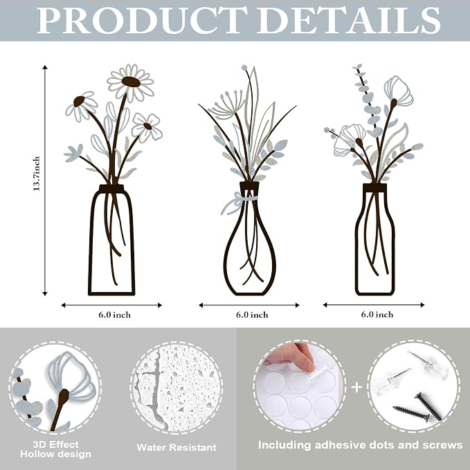 3 Pieces Metal Vase Flowers Wall Arts - Rustic Farmhouse Style Décor Metal Wall Art Black Minimalist Flower Natural Themed Wall Decors for Home Bedroom Dining Room Housewarming (Brown-Blue, Vase-C) - Image 2