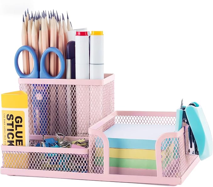 M&G Mesh Pen Holder Desk Organizers Pencil Holder for Desk Pink, 3 Compartments Metal Office Supply Organizer with Sticky Notes Holder for Home Office by MG