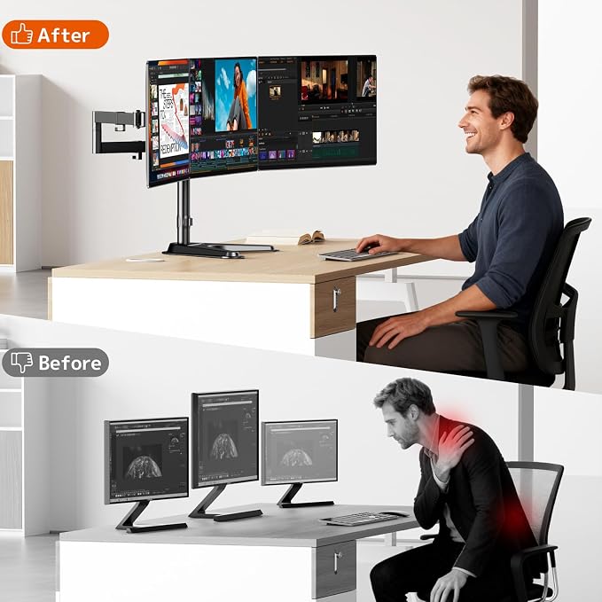 Triple Monitor Stand, Full Motion Arm Fits up to 27 inch | Free standing, Cable Management, 22 lbs Weight Capacity per Arm, 75/100 mm VESA, Black - Image 6