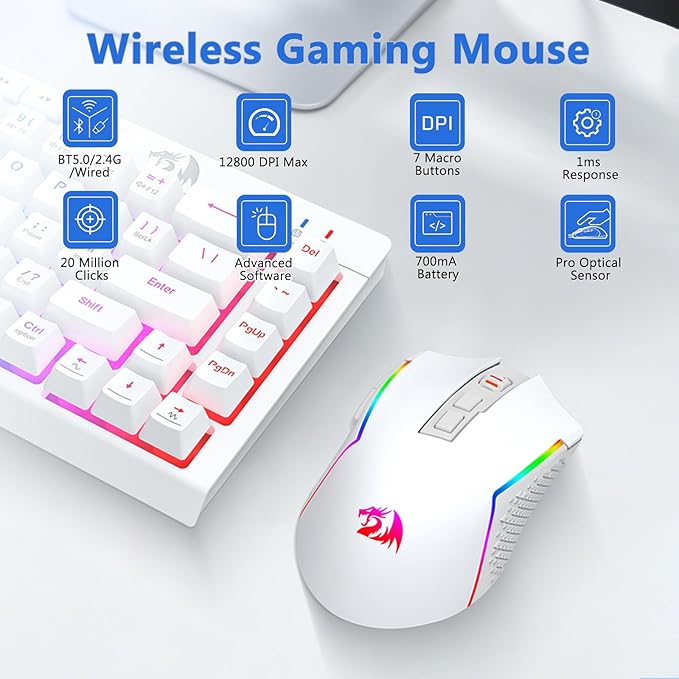 Redragon Wireless Gaming Keyboard and Mouse Combo, 60% Portable, White | Bluetooth/2.4G/USB-C Wired, RGB Backlit, Quiet Rechargeable Macro Membrane Keyboard & 12800 DPI Mouse for Win/MAC - Image 4