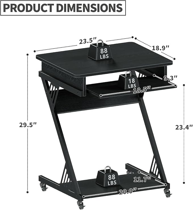 ALISENED Computer Desk for Small Spaces Compact Desk with Keyboard Tray | 23.6" Z-Shaped, with Wheels and Bottom Shelves, for Home Office, Computer Cart Mobile Laptop Cart, Black - Image 3