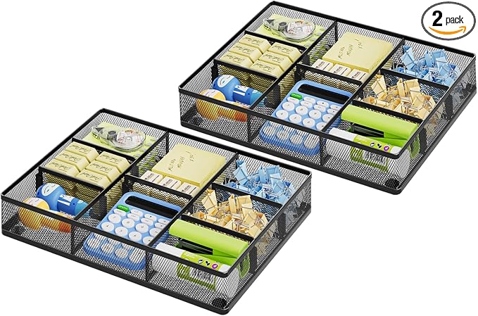 Marbrasse 2Pack Desk Drawer Organizer, Metal Mesh Drawer Organizer Tray with 5 Adjustable Compartments,Desk Organizers and Accessories for Home,Office,Kitchen,Makeup,Vanity (Black) by Marbrasse