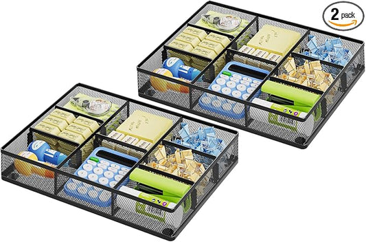 Marbrasse 2Pack Desk Drawer Organizer, Metal Mesh Drawer Organizer Tray with 5 Adjustable Compartments,Desk Organizers and Accessories for Home,Office,Kitchen,Makeup,Vanity (Black) by Marbrasse