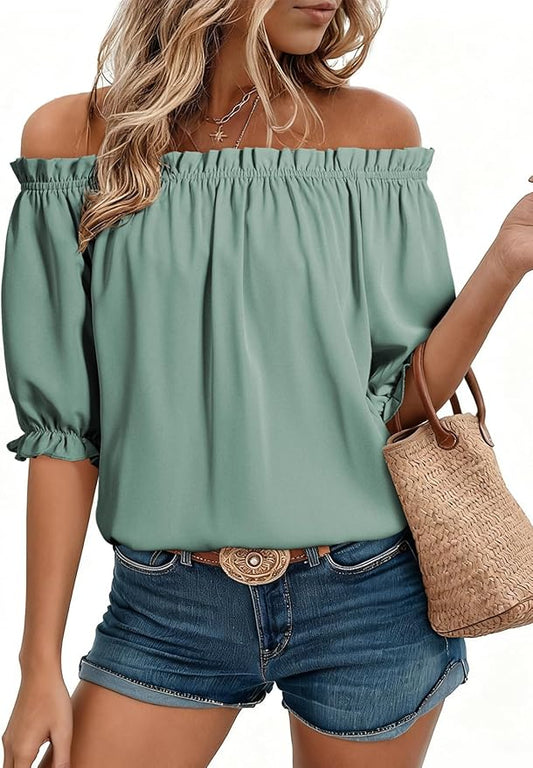 EVALESS Womens Tops Off The Shoulder Blouses for Women Dressy Casual Cute Puff Sleeve T Shirts Fashion 2026 by EVALESS